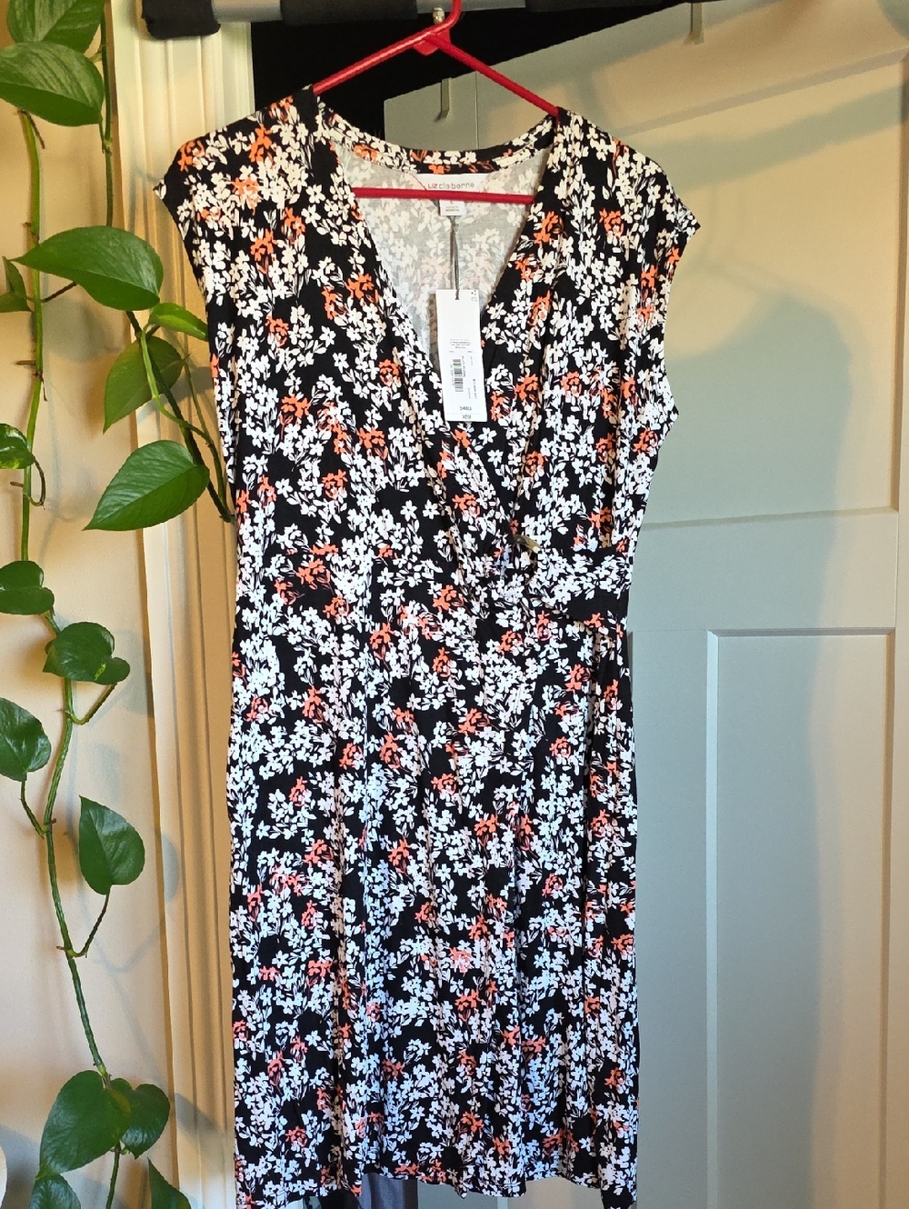 Liz Claiborne Black Floral Midi Dress with White & Coral Accents